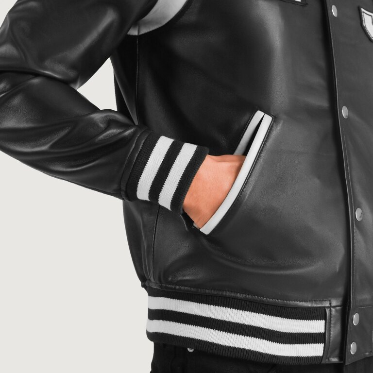 Mens Liberte New Jersey Black Leather Varsity Jacket Close-Up-9-1704193256803